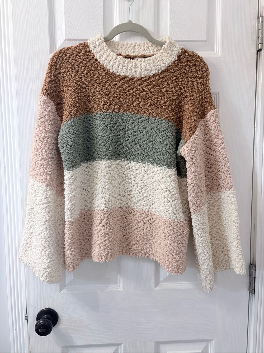 POL Plush Colorblock Crew Sweater - Brown, Sage, Cream & Blush